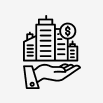 Icon representing buildings, a hand and capital | Gordon Delic & Associates